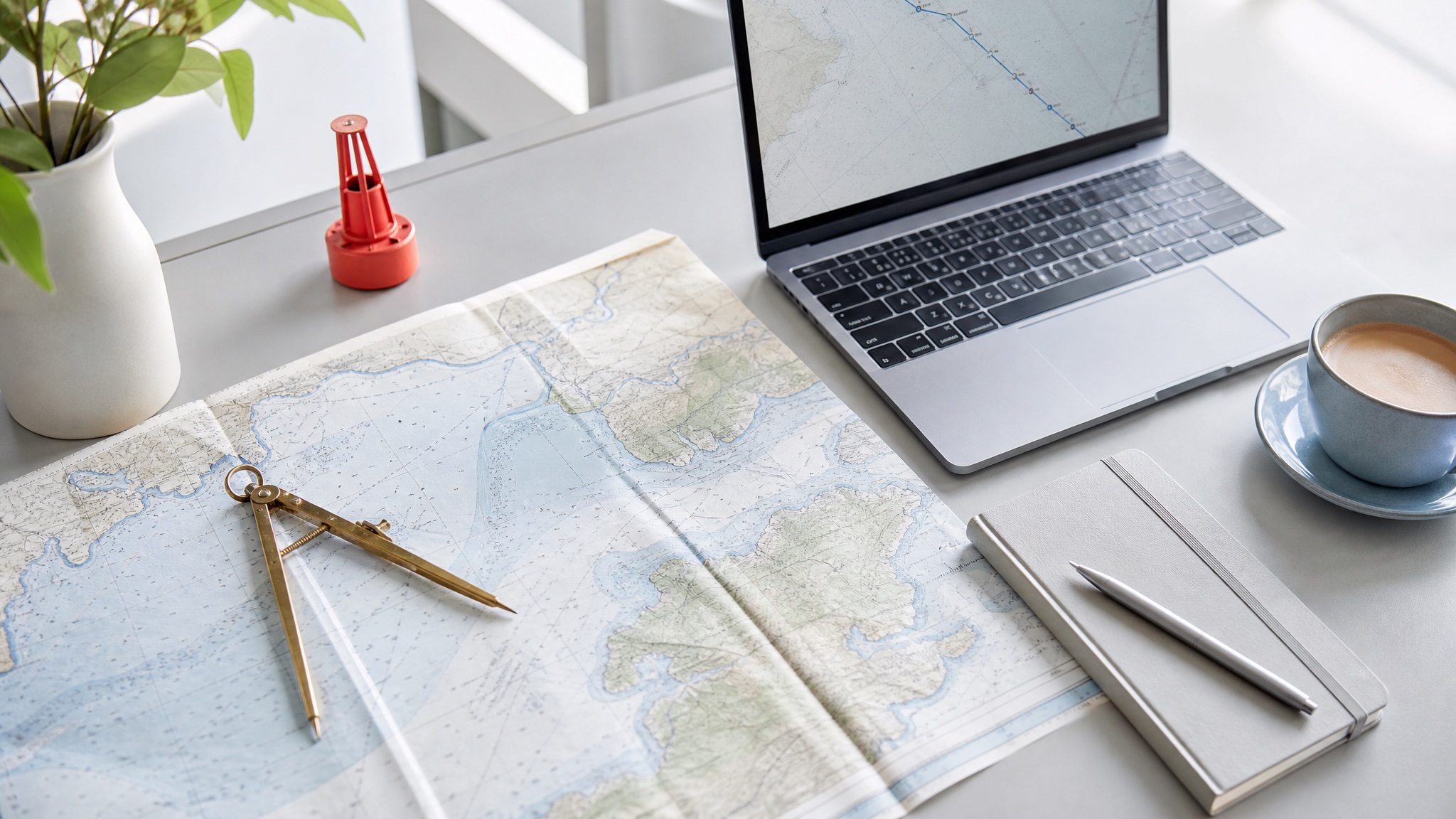 A cartographer-navigator's desk: charts, a compass, a laptop
