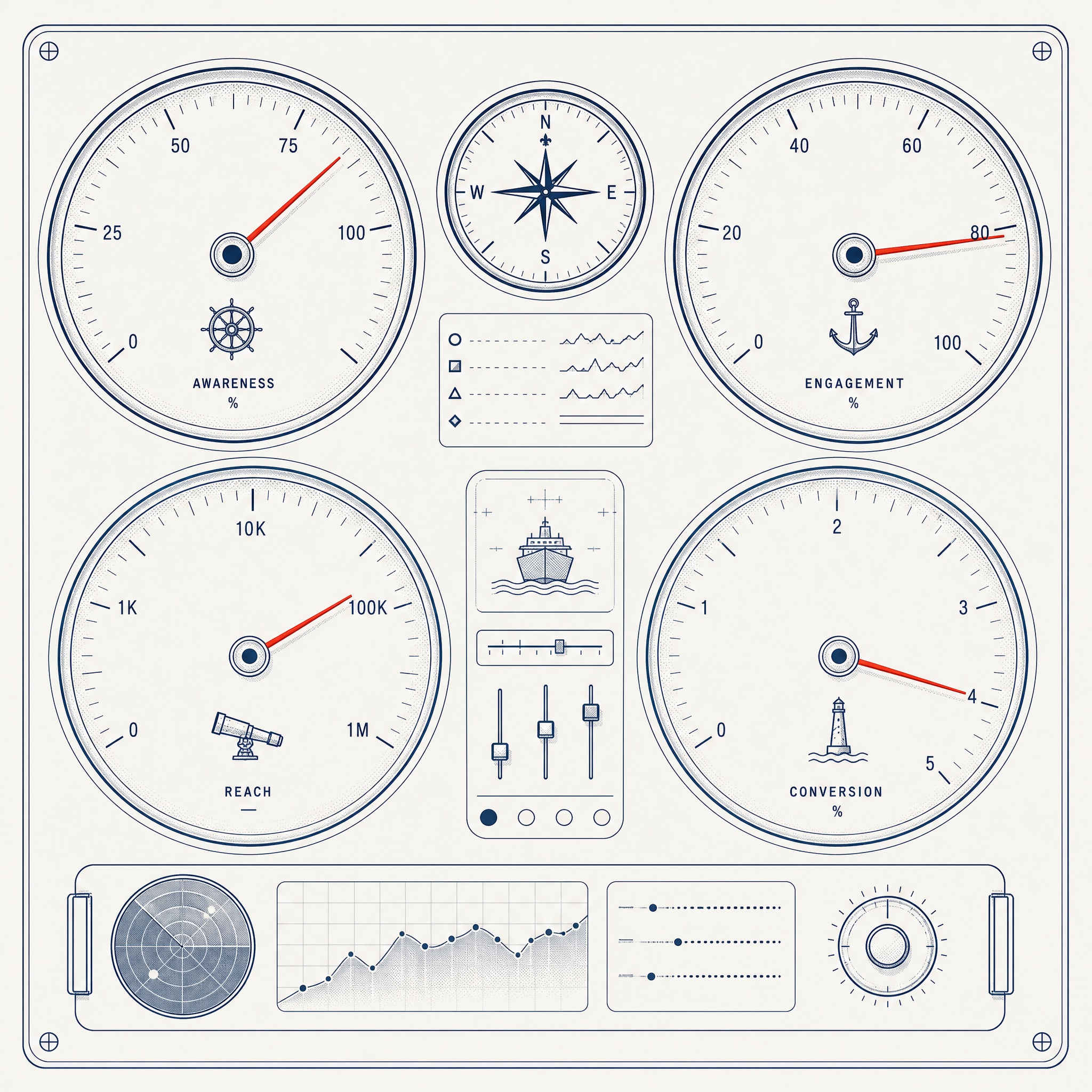 A marketing-metrics instrument panel